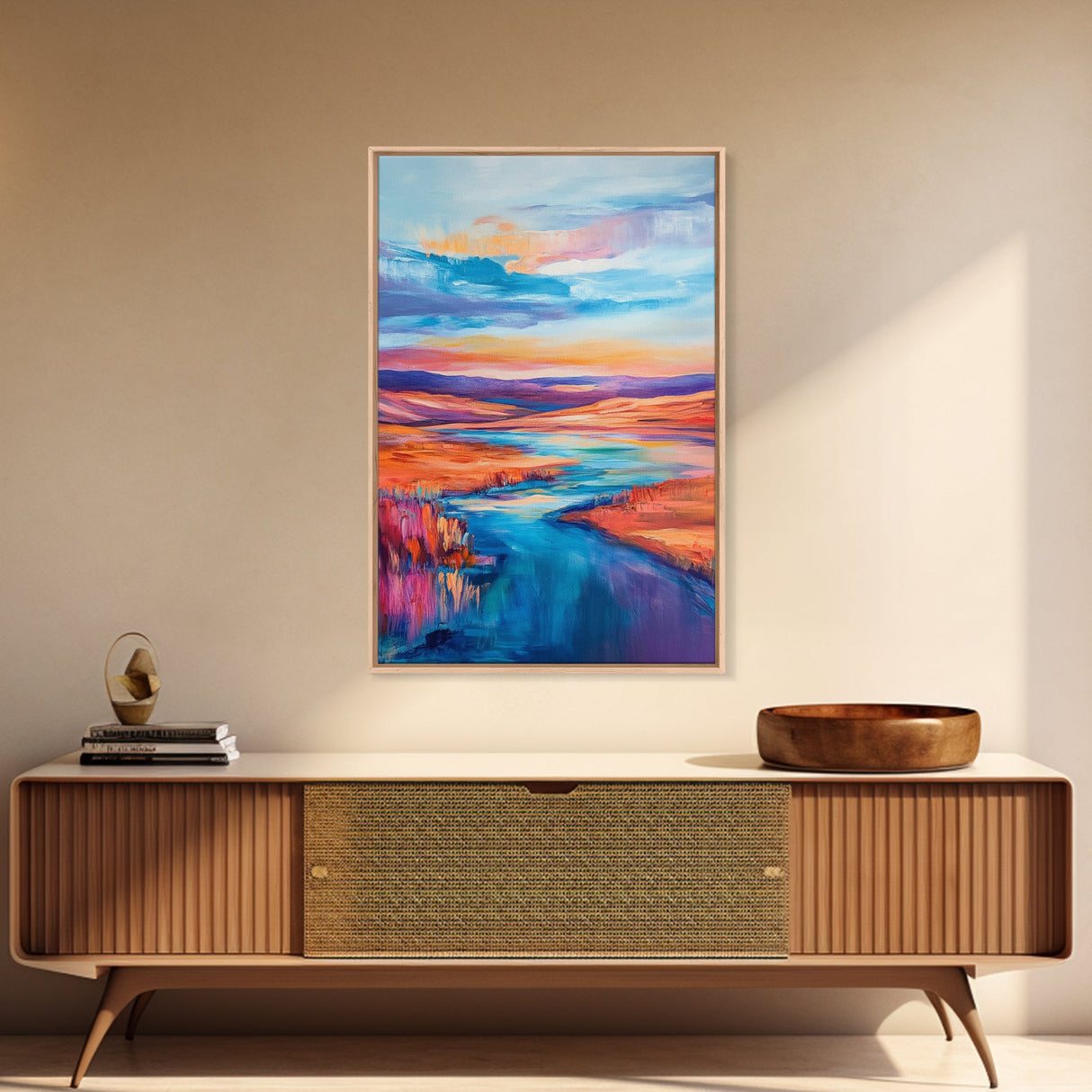 Vibrant River, landscape painting, wabi sabi art, coastal landscape art, Canvas Print, horizontal wall art, panoramic art, farmhouse art