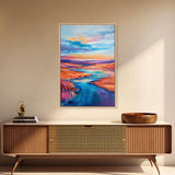 Vibrant River, landscape painting, wabi sabi art, coastal landscape art, Canvas Print, horizontal wall art, panoramic art, farmhouse art