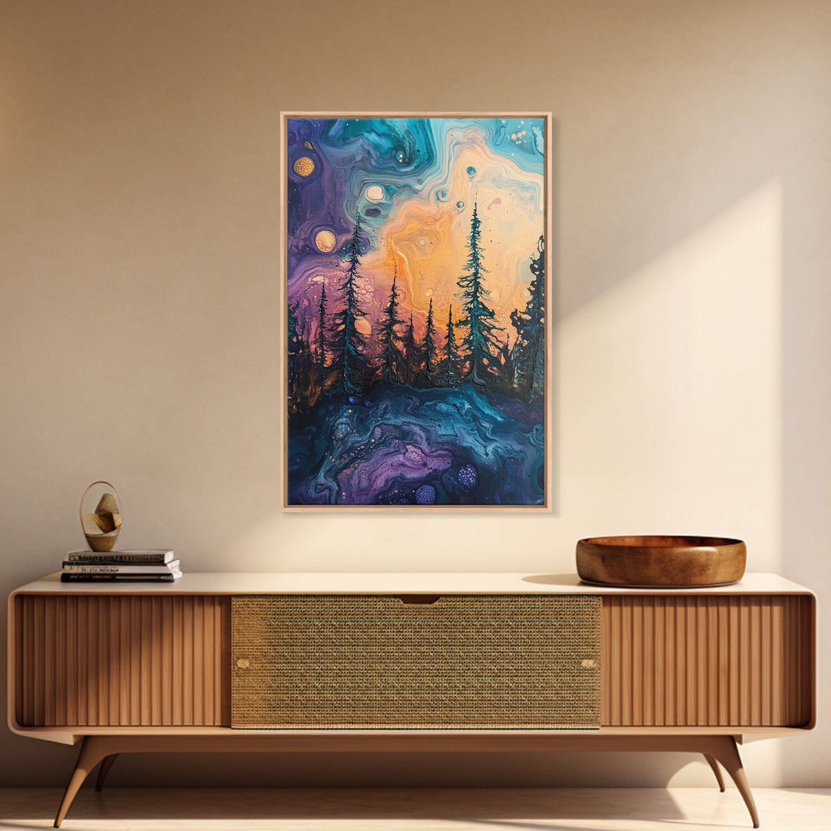 Cosmic Trees, forest at dusk painting, pine tree art, fantasy landscape, moody art, celestial wall art, mystical art, canvas print