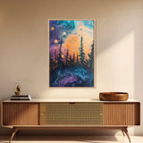 Cosmic Trees, forest at dusk painting, pine tree art, fantasy landscape, moody art, celestial wall art, mystical art, canvas print