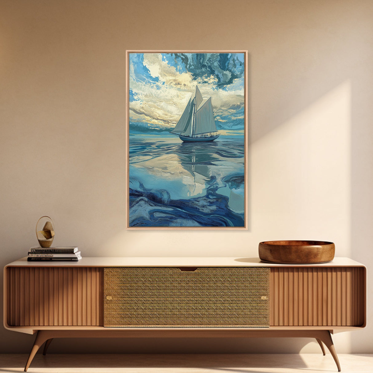 Sailboat Painting, nautical decor, coastal wall art, blue and green wall art, ocean painting, framed canvas print, living room art