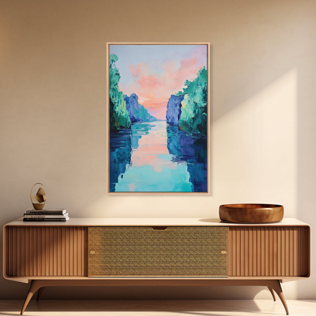 Sunset Lake Painting, landscape painting, pink orange wall art, moody art, lake Tahoe art, framed canvas print, minimalist art