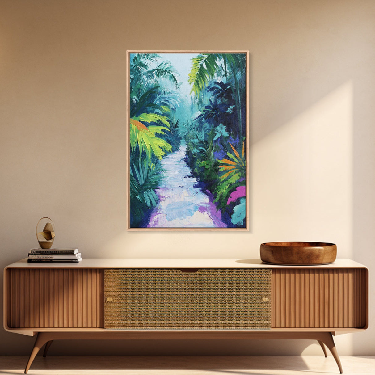 Jungle Walkway, tropical painting, palm tree painting, botanical prints, green wall art, living room art, canvas print, home decor