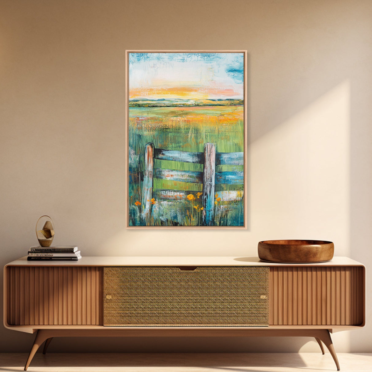Field Sunset, wildflower painting, landscape painting, rustic wall art, nature wall art, bedroom art, framed canvas print, home decor