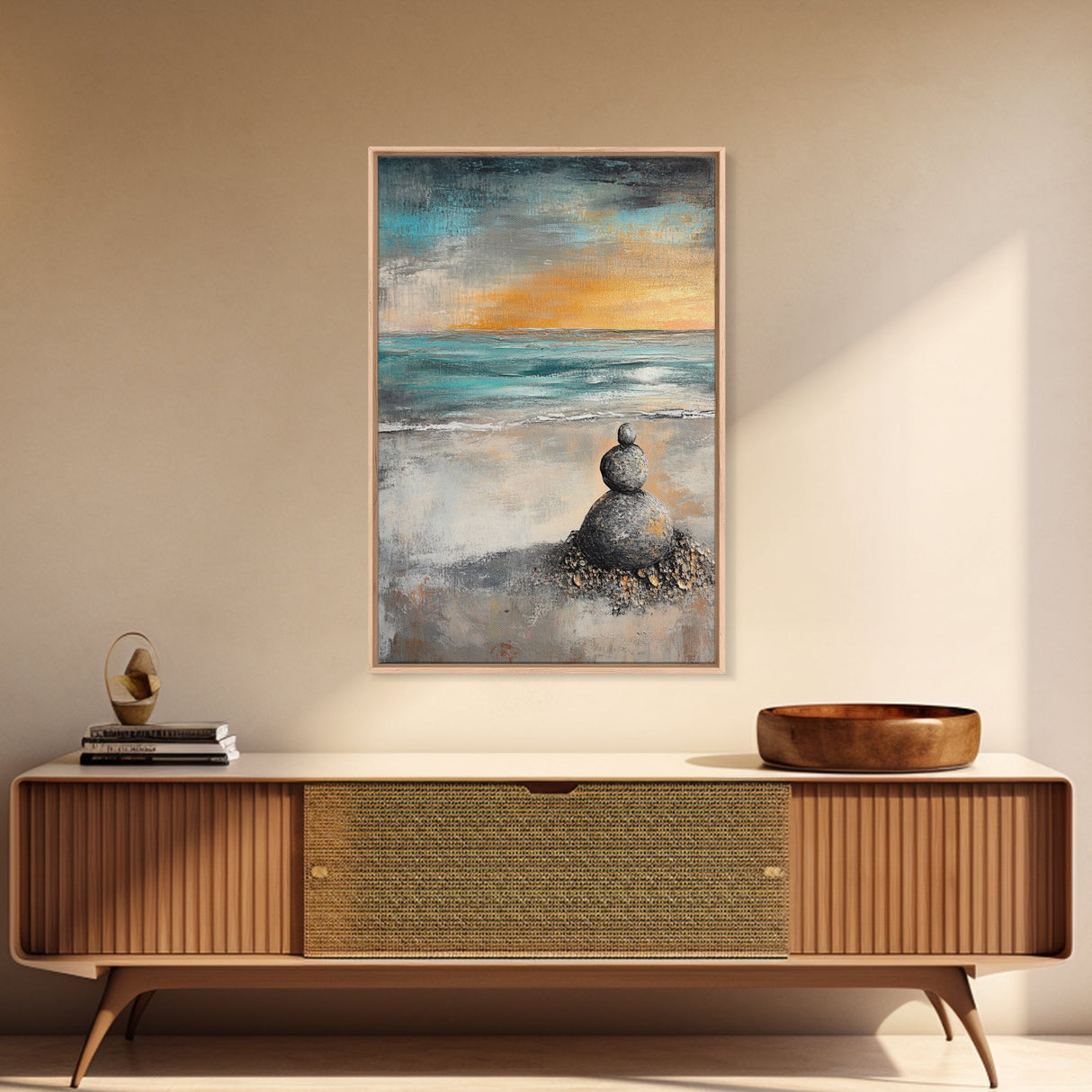 Zen Rock Stack Framed Canvas Print Coastal Wall Art, Beach Sunset Painting, Meditation Room Art, Tranquil Ocean Artwork, Boho Decor