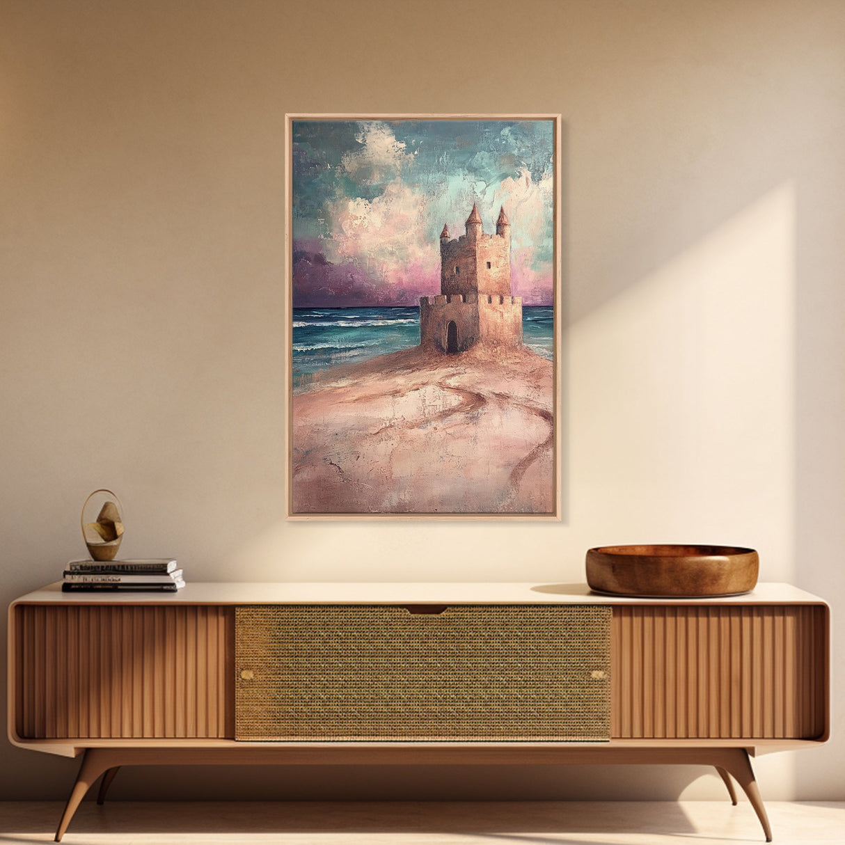Fantasy Castle Framed Canvas Print Dreamy Coastal Art, Whimsical Beach Painting, Living Room Wall Decor, Pastel Ocean Landscape