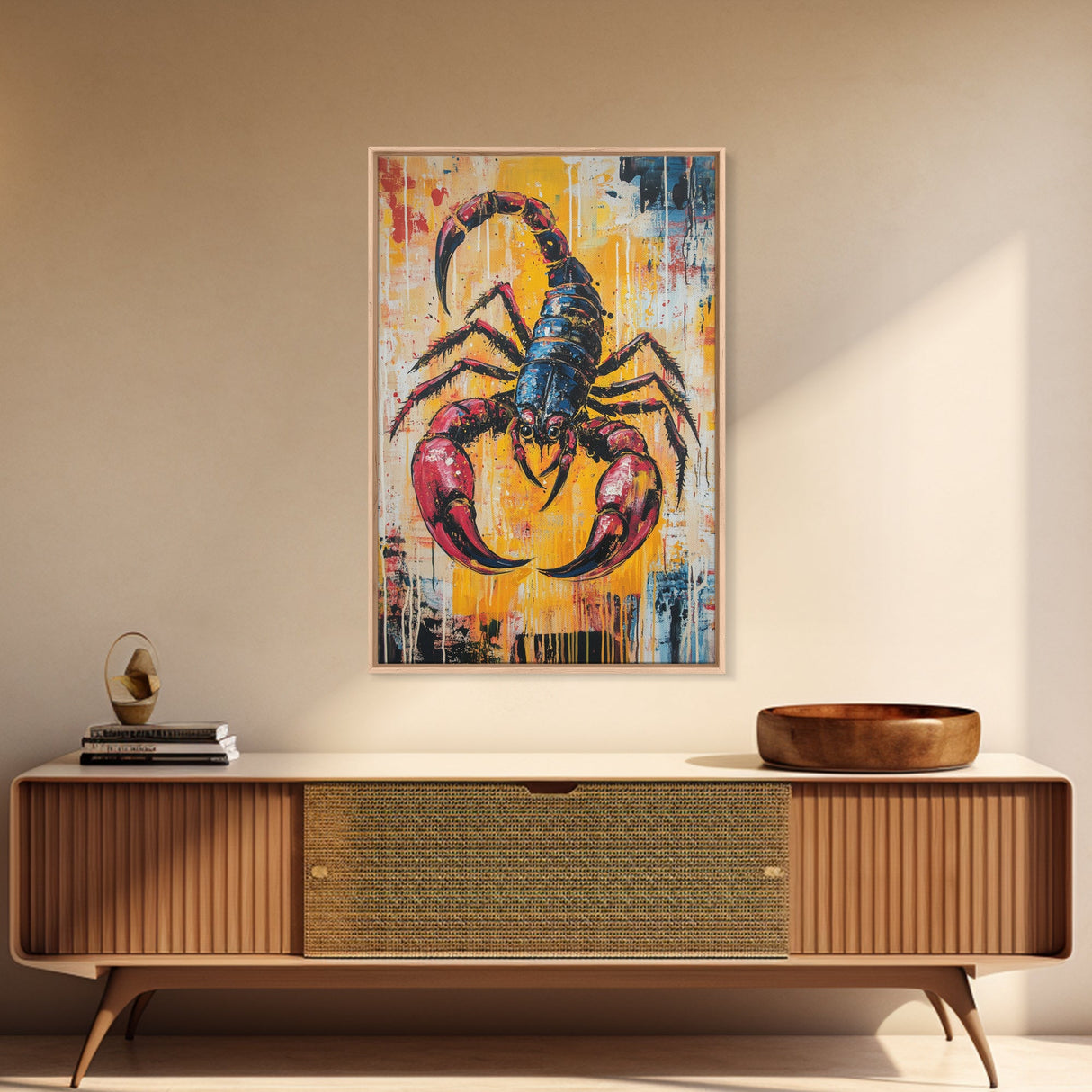 Bold Scorpion Framed Canvas Print Fierce Animal Wall Art, Yellow and Red Painting, Statement Office Decor, Wildlife Art Lovers Gift