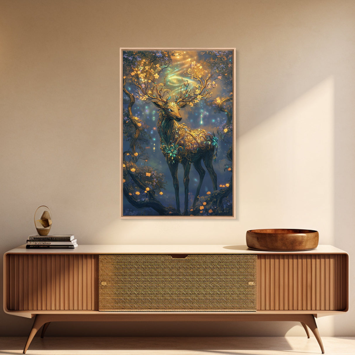 Golden Stag, Mystical Forest, Fantasy Animal Art, Sacred Geometry Wall Art, Rustic Wall Art, Living Room Art, Canvas Print, Gift Idea