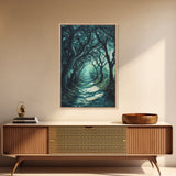 Mystical Tree Tunnel Framed Canvas Print Enchanted Forest Art, Fantasy Landscape, Dark Green Nature Decor, Living Room Wall Art