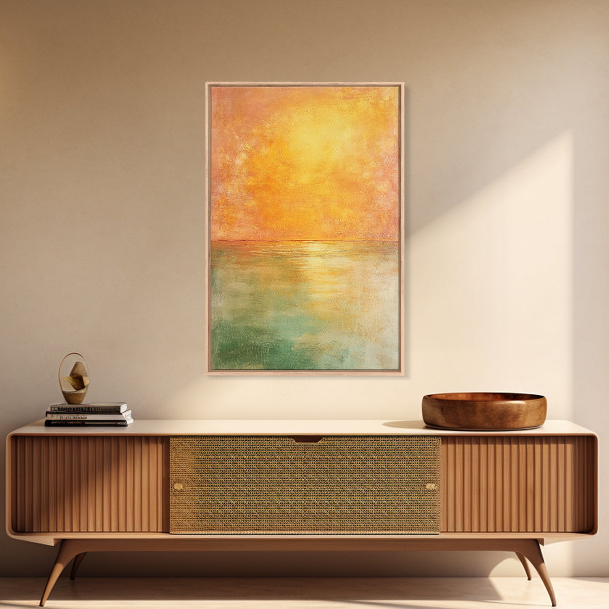 Golden Sunset Horizon Framed Canvas Print Warm Minimalist Wall Art, Serene Ocean Painting, Modern Living Room Decor, Calming Tones