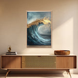 Majestic Ocean Wave Canvas Print Abstract Coastal Art, Gold and Blue Beach Wall Decor, Surfing Aesthetic, Living Room Accent