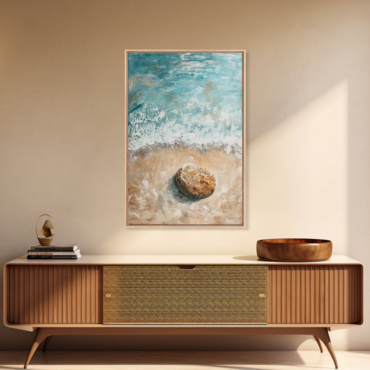 Serene Beach Stone Canvas Print Tranquil Ocean Art, Coastal Zen Wall Decor, Relaxing Beach House Style, Minimalist Seascape Painting