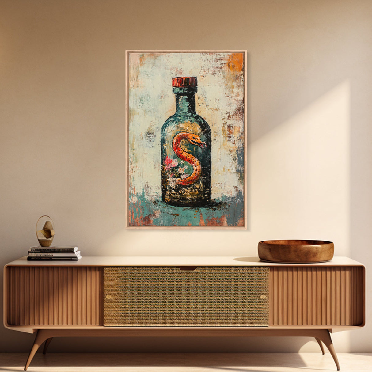Snake in Bottle Canvas Print Dark Fantasy Art, Mysterious Wall Decor, Surrealism Artwork, Eclectic Home Decor, Gothic Wall Art