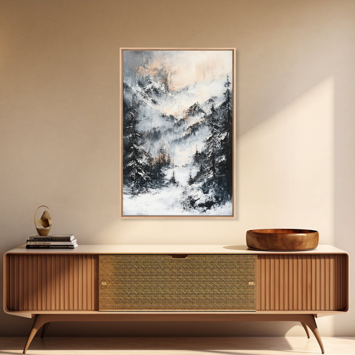 Snowy Mountain Scene Canvas Print Winter Wonderland Wall Art, Alpine Landscape Painting, Cozy Cabin Decor, Neutral Holiday Artwork