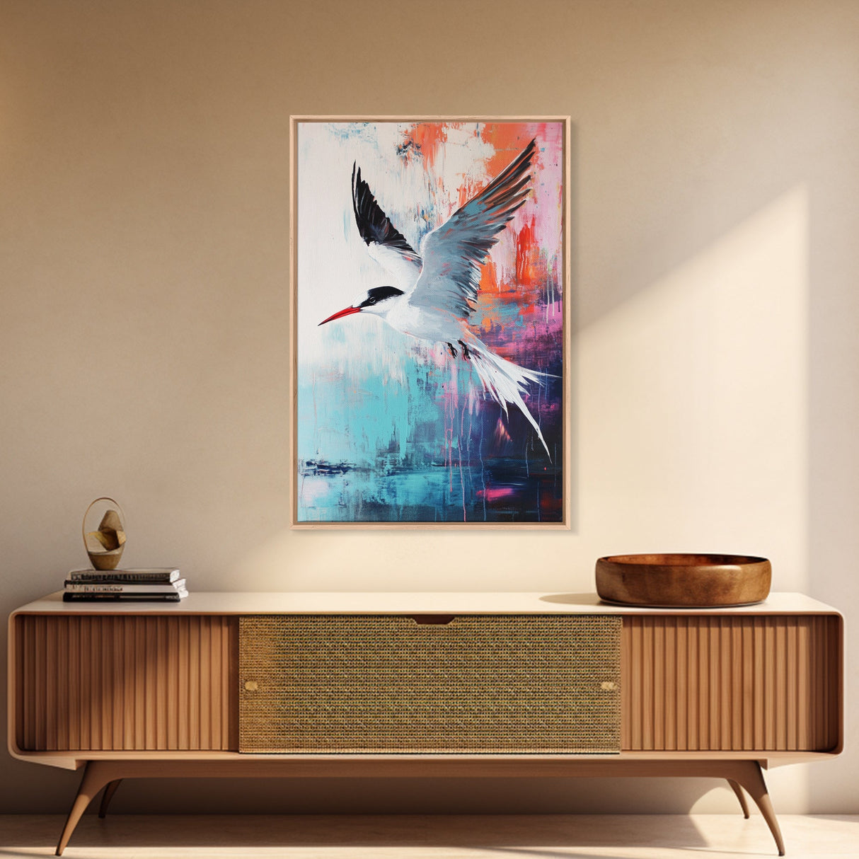 Soaring Bird Framed Canvas Print Coastal Wall Art, Seabird Painting, Ocean Blue Decor, Modern Minimalist Art, Vibrant Nature Artwork