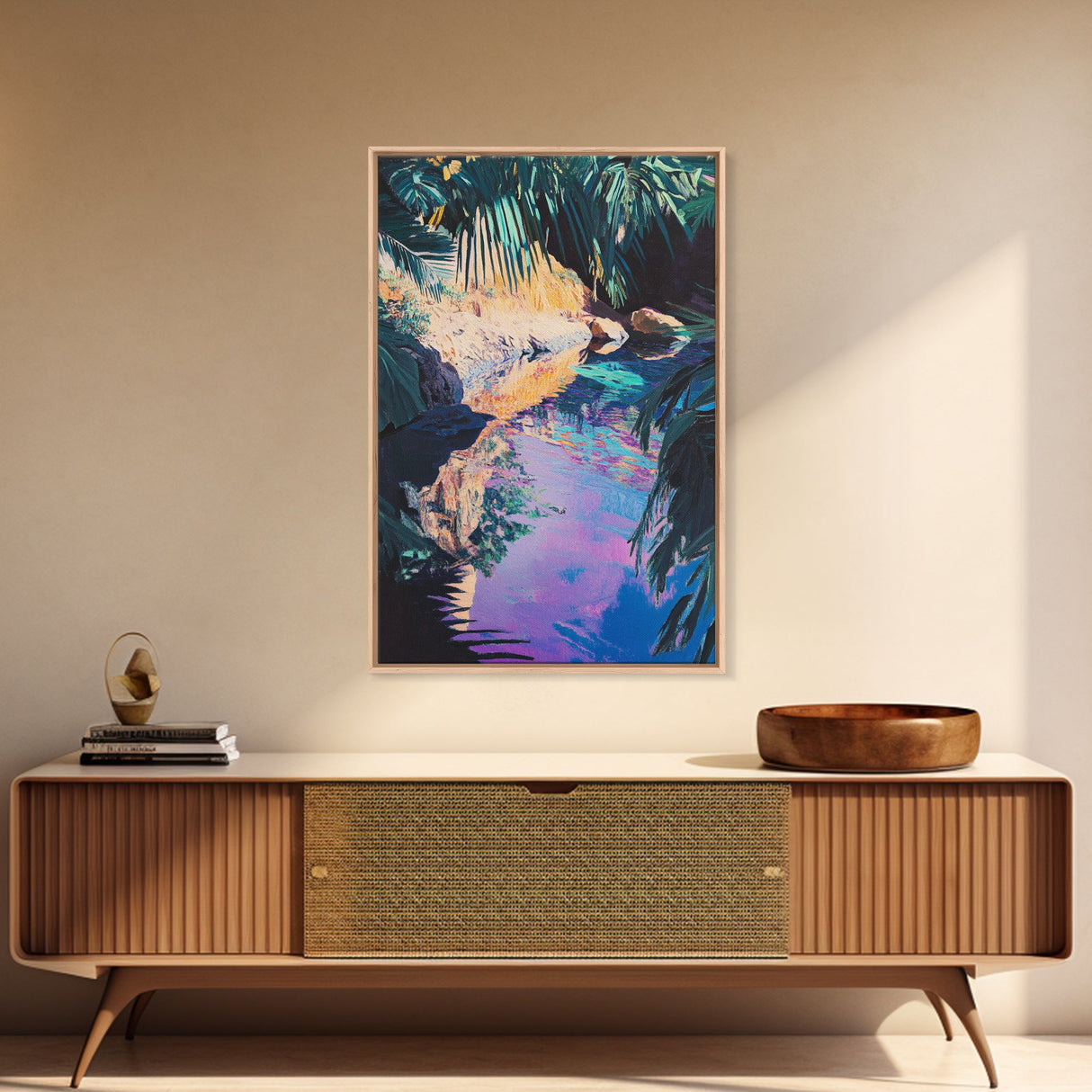 Tropical Reflections Framed Canvas Print Jungle River Wall Art, Boho Nature Decor, Vibrant Exotic Landscape, Relaxing Living Room Art