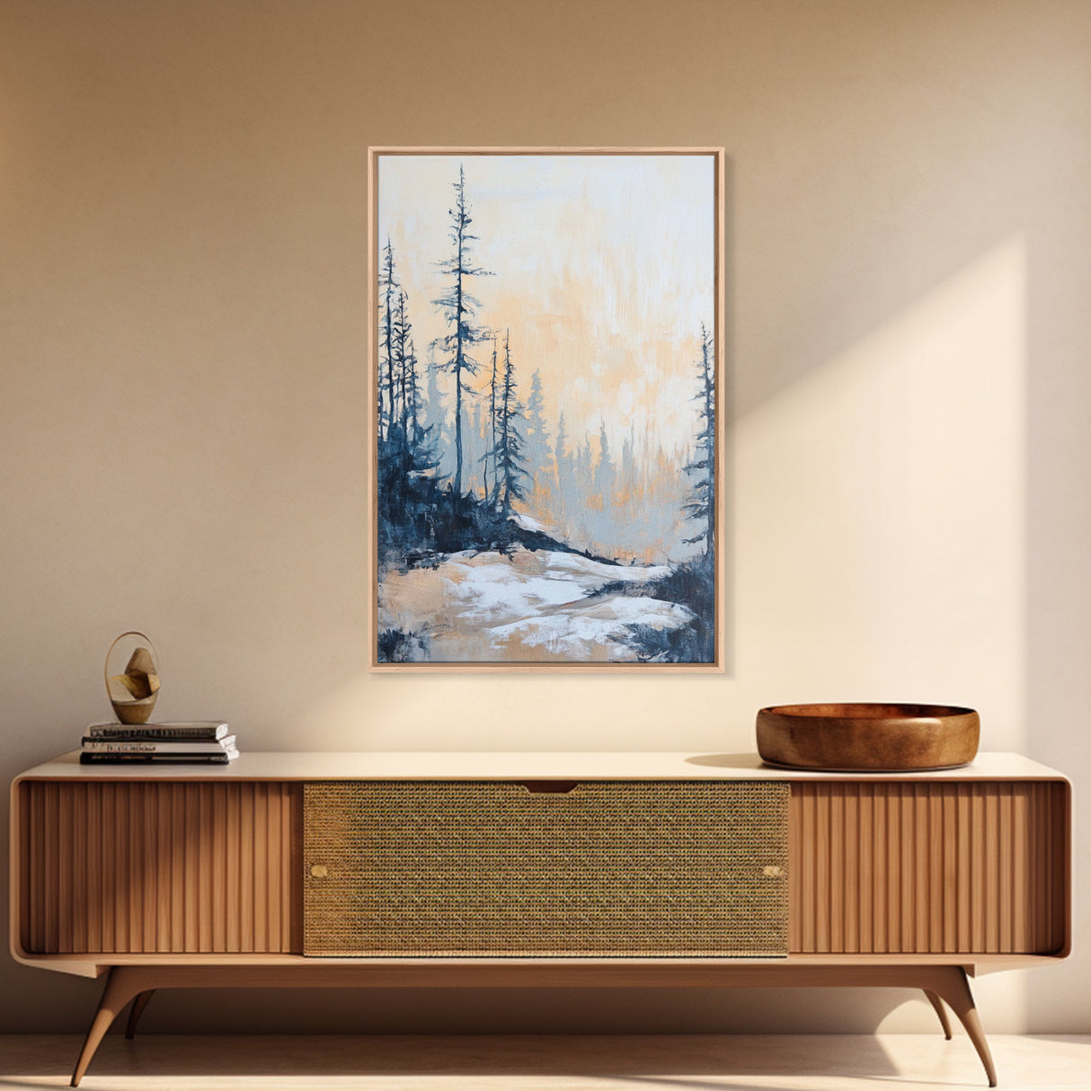 Misty Forest Framed Canvas Print Winter Landscape Wall Art, Nordic Minimalist Decor, Moody Nature Painting, Serene Living Room Artwork