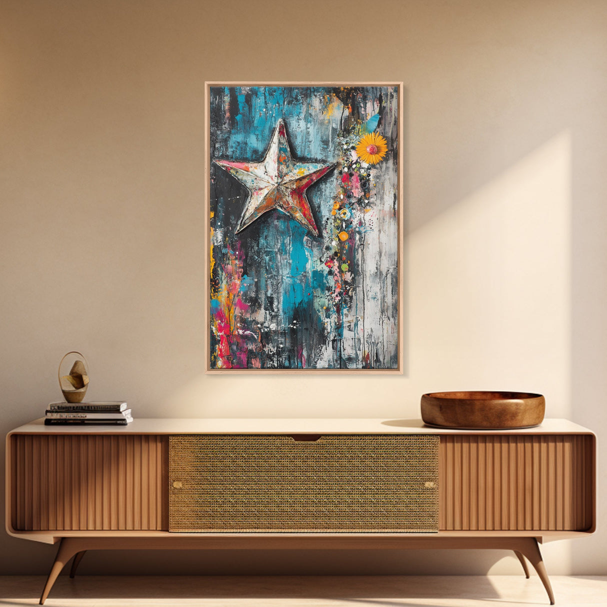 Metal Star Rustic Framed Canvas Print Patriotic Wall Art, Western Home Decor, Distressed Americana Artwork, Country Farmhouse Style