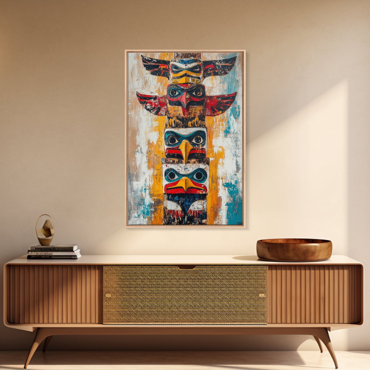 Totem Pole Art Framed Canvas Print Rustic Wall Decor Native American Art Tribal Home Decor Lodge Artwork Cabin Wall Art Southwest Boho