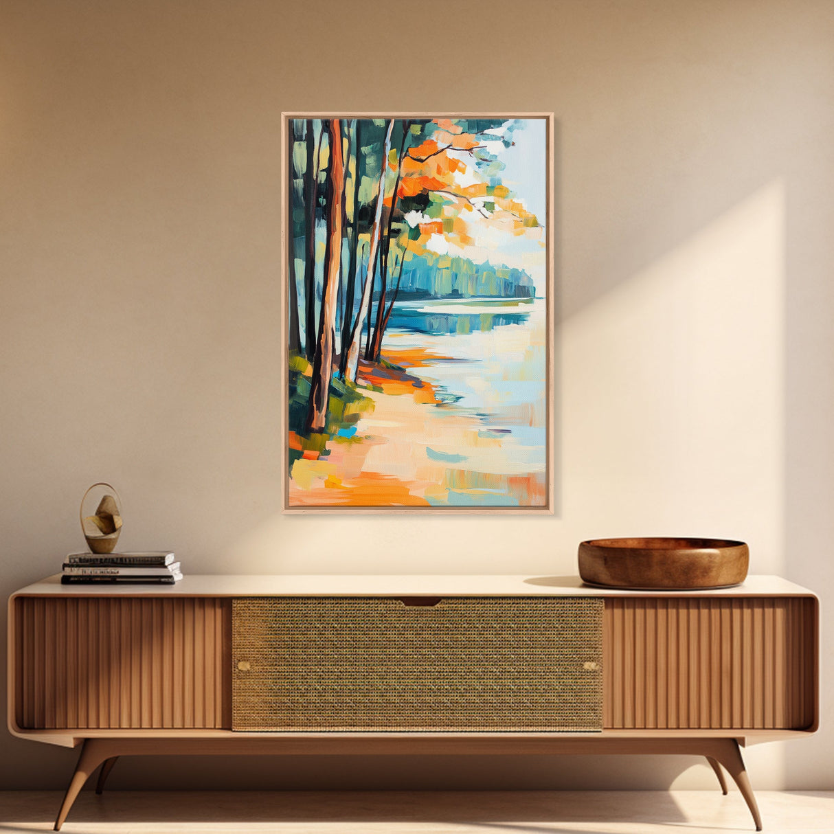 Lakeside Forest Art Framed Canvas Print Autumn Landscape Painting Serene Nature Wall Decor Warm Cozy Home Aesthetic Rustic Living Room