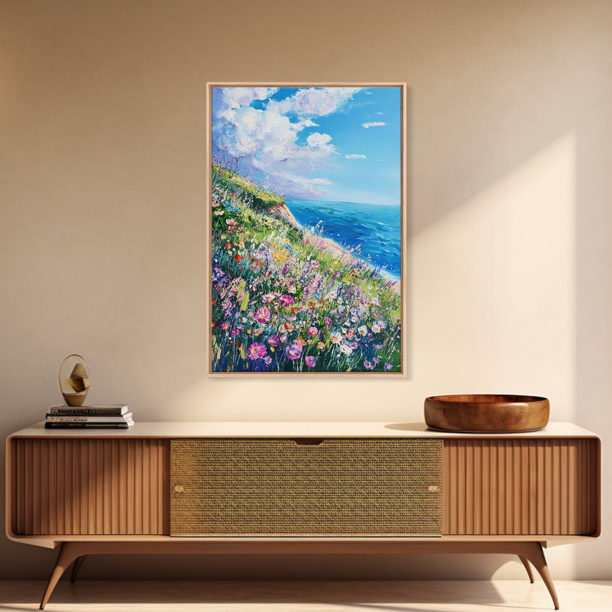 Ocean Cliffside Flowers Framed Canvas Print Coastal Landscape Wall Art, Wildflower Meadow Painting, Beach House Art, Seaside Decor