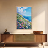 Ocean Cliffside Flowers Framed Canvas Print Coastal Landscape Wall Art, Wildflower Meadow Painting, Beach House Art, Seaside Decor