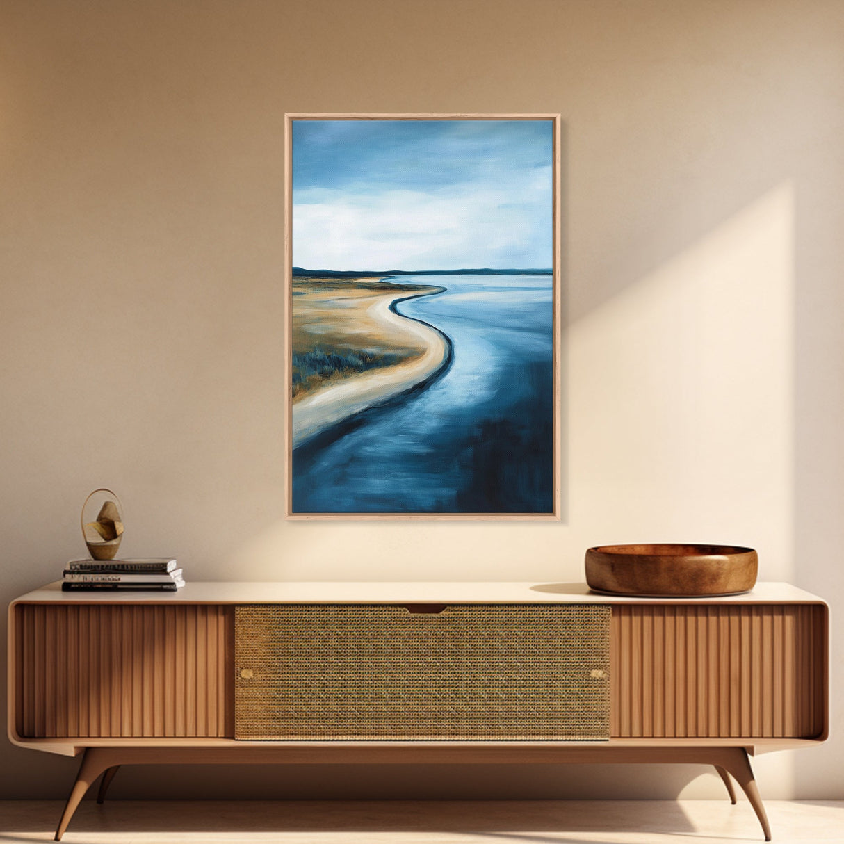 Serene Shoreline Framed Canvas Print Minimalist Coastal Landscape Wall Art, Beach Tranquility Painting, Nautical Home Decor