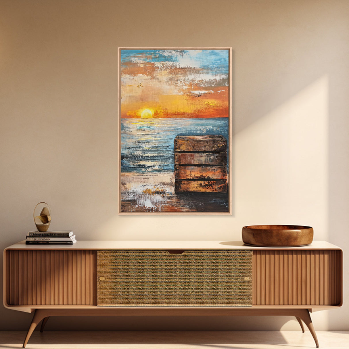 Sunset Over Ocean Canvas Print | Serene Seascape Painting | Coastal Home Decor | Beach House Wall Art | Nautical Artwork