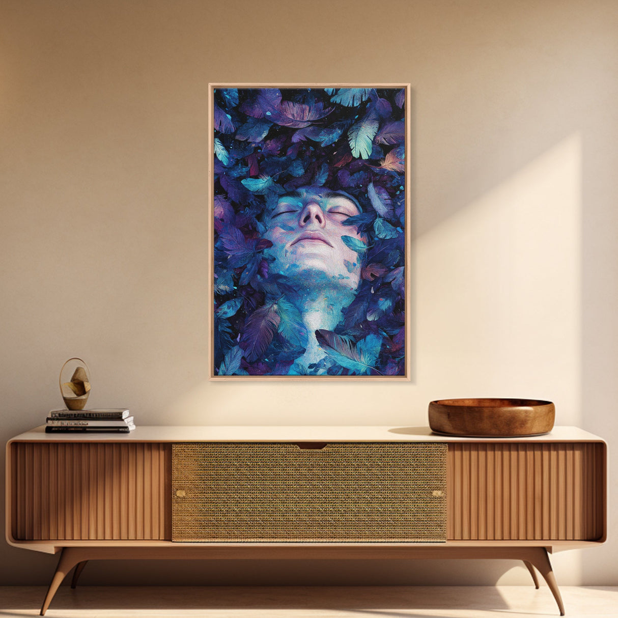 Dreamy Blue Feathers Canvas Print | Ethereal Surreal Art | Boho Bedroom Decor | Unique Abstract Painting | Cosmic Wall Art
