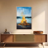 Lakeside Bonfire, Camping Art, Outdoor Wall Art, Cozy Campfire Painting, Nature Art, Rustic Decor, Above Couch Art, Canvas Print