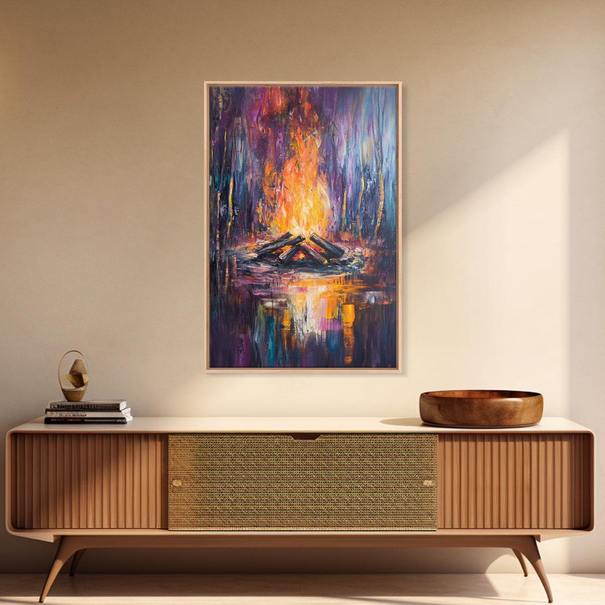 Moody Campfire, Dark Romance Painting, Firelight Art, Abstract Fire Painting, Cozy Home Decor, Rustic Art, Framed Canvas Print