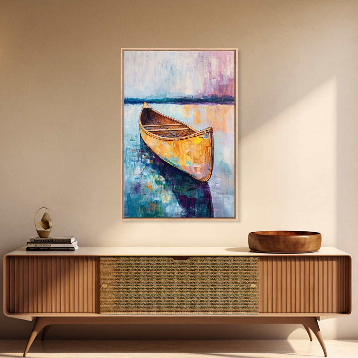 Wooden Canoe, Coastal Landscape Art, Nautical Wall Art, Seascape Painting, Lake Tahoe Art, Extra Wide Art, Framed Canvas Print