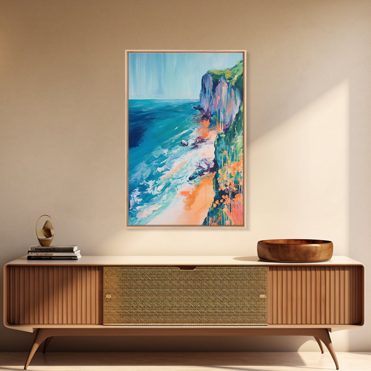 Ocean Cliffs, Coastal Decor, Nautical Wall Art, Landscape Painting, Seascape Painting, California Poppy Art, Canvas Print