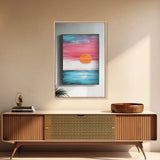 Sunset Horizon, pink orange wall art, nautical painting, coastal decor, above bed wall art, wabi sabi art, Framed Canvas Print, boho art