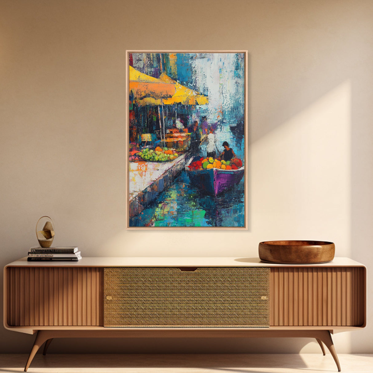 Market Boats, Coastal Decor, Nautical Painting, Vibrant Wall Art, Rustic Art, Canvas Print, Extra Wide Art, Living Room Art