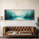 Forest Lake Morning Framed Canvas Print Calm Nature Art, Misty Green Landscape, Cabin Wall Decor, Peaceful Living Room Artwork