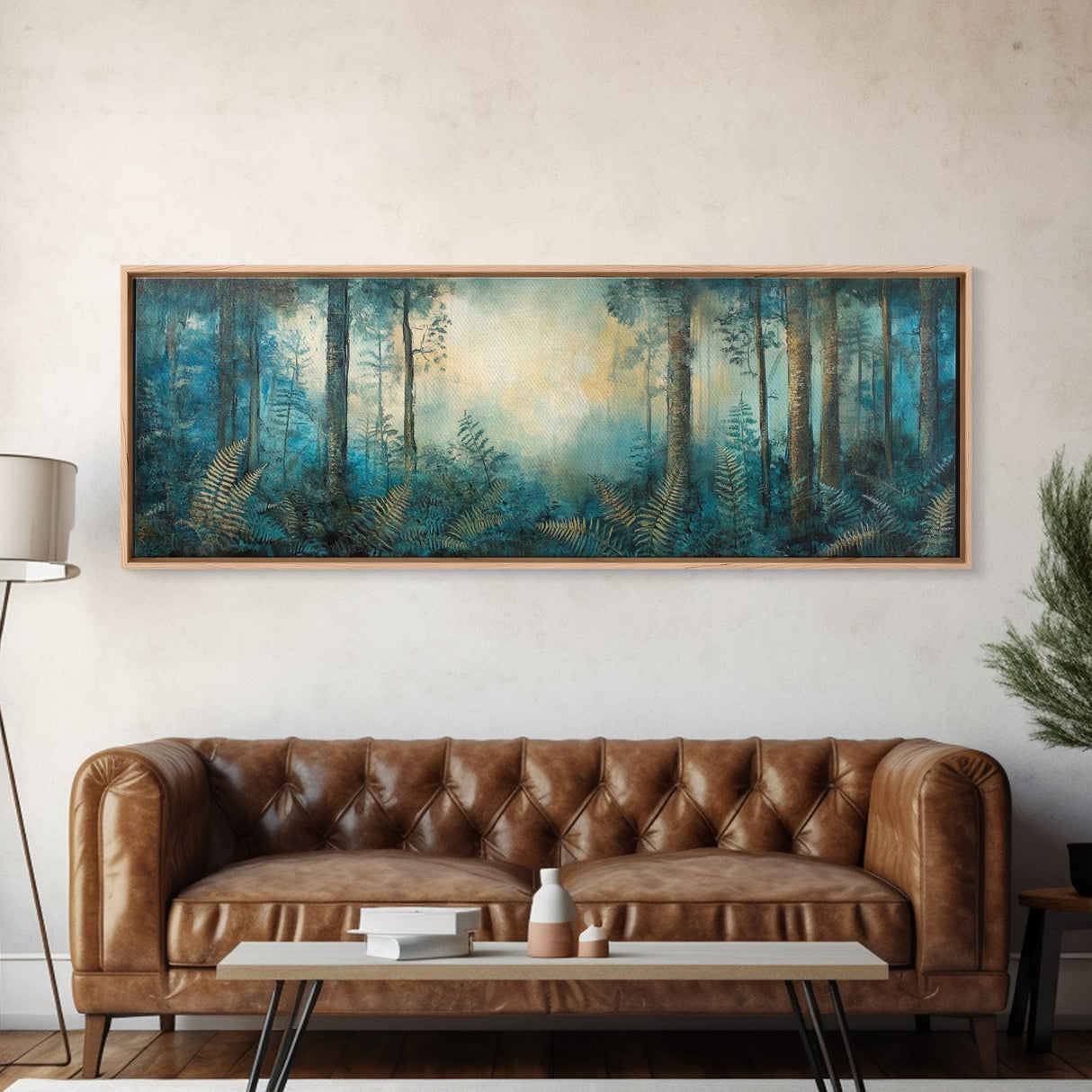 Enchanted Forest Glow Canvas Print Moody Woodland Art, Blue Green Nature Painting, Dreamy Landscape Decor, Large Living Room Artwork