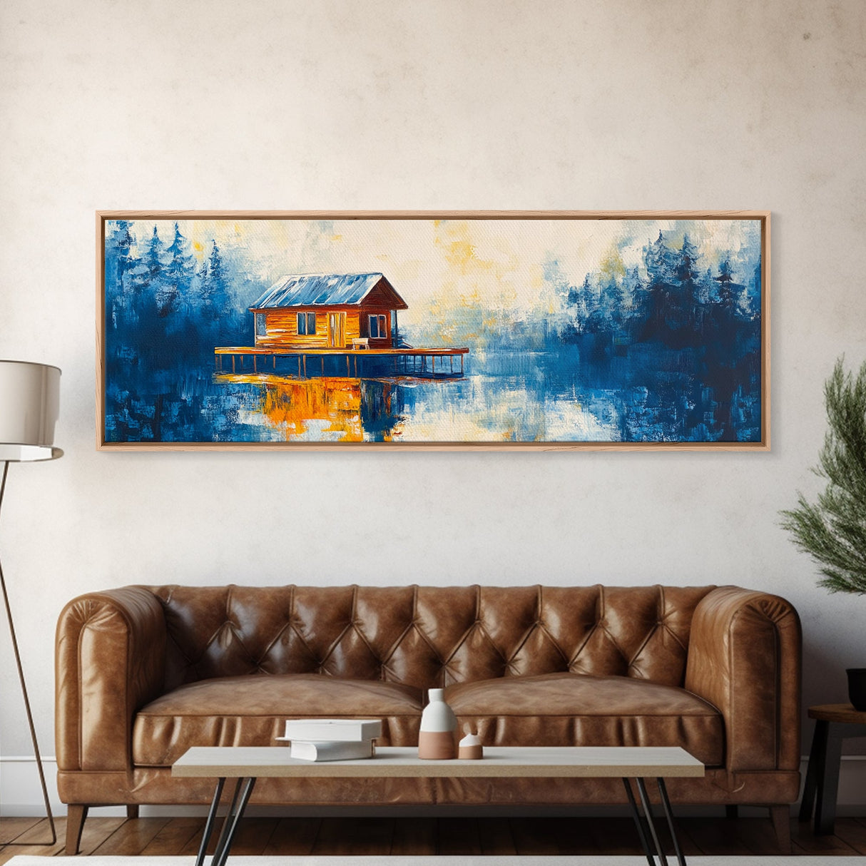 Lake Cabin Reflection Canvas Print Rustic Lodge Wall Art Cozy Winter Artwork Warm Cabin Decor Large Framed Home Wall Art