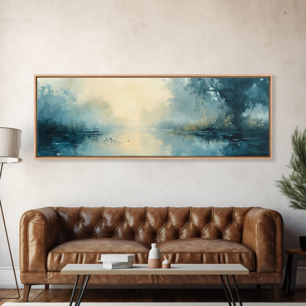 Misty Lake Canvas Print Serene Nature Wall Art, Neutral Forest Landscape, Soft Blue Wall Decor, Minimalist Bedroom Artwork