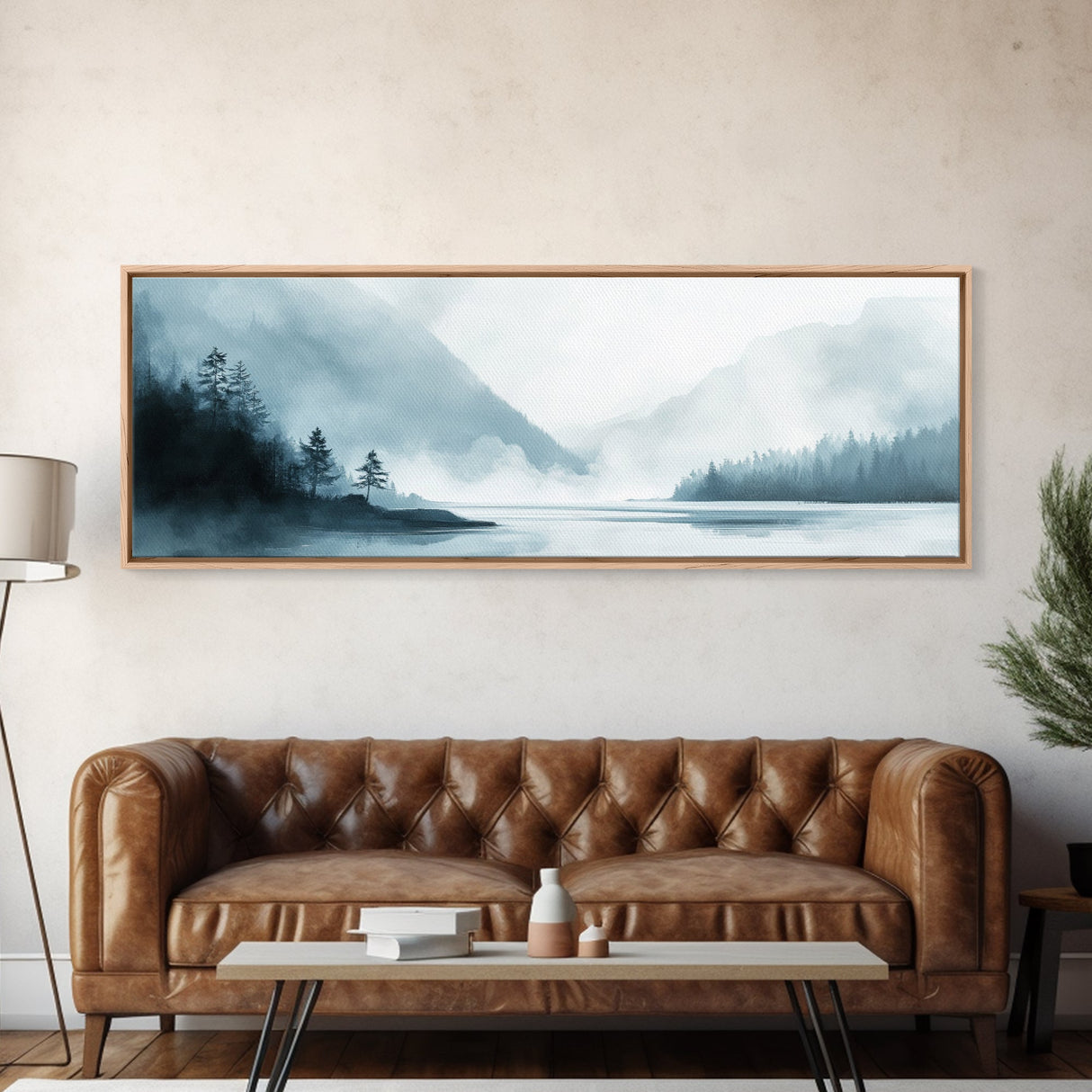 Mountain Mist Canvas Print Minimalist Nature Wall Art, Neutral Landscape Painting, Foggy Wilderness Decor, Modern Living Room Art