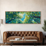 Sunlit Forest Framed Canvas Print Vibrant Nature Wall Art, Green Tree Canopy Painting, Bright Boho Decor, Botanical Living Room Art