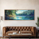 River Valley Framed Canvas Print Tranquil Nature Wall Art, Lush Green Landscape, Summer Cabin Artwork, Rustic Living Room Decor