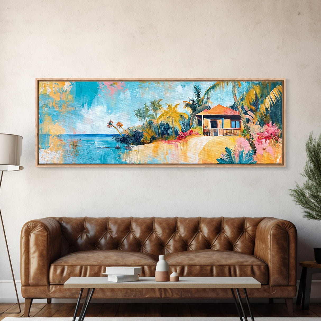 Tropical Beach Hut Painting, Vibrant Coastal Paradise Wall Art, Colorful Island House Decor, Living Room Aesthetic, Canvas Print