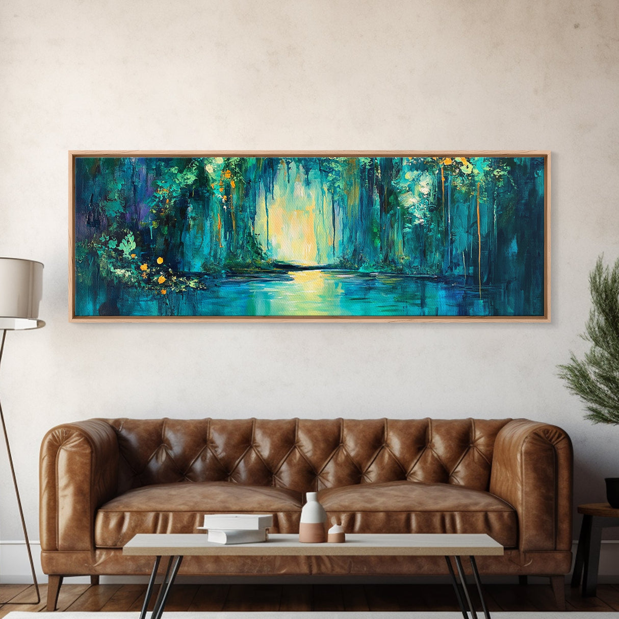 Magical Forest Lake Framed Canvas Print Fantasy Nature Wall Art Mystical Greenery Home Decor Living Room Office Gift