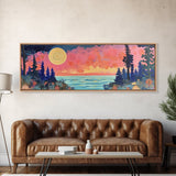 Mystical Moonlight Landscape Framed Canvas Print, Dreamy Forest Art, Boho Sunset Wall Art, Celestial Painting, Living Room Decor