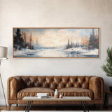 Serene Winter Forest Framed Canvas Print, Snowy Landscape Painting, Cozy Christmas Wall Art, Neutral Rustic Home Decor, Lodge Art