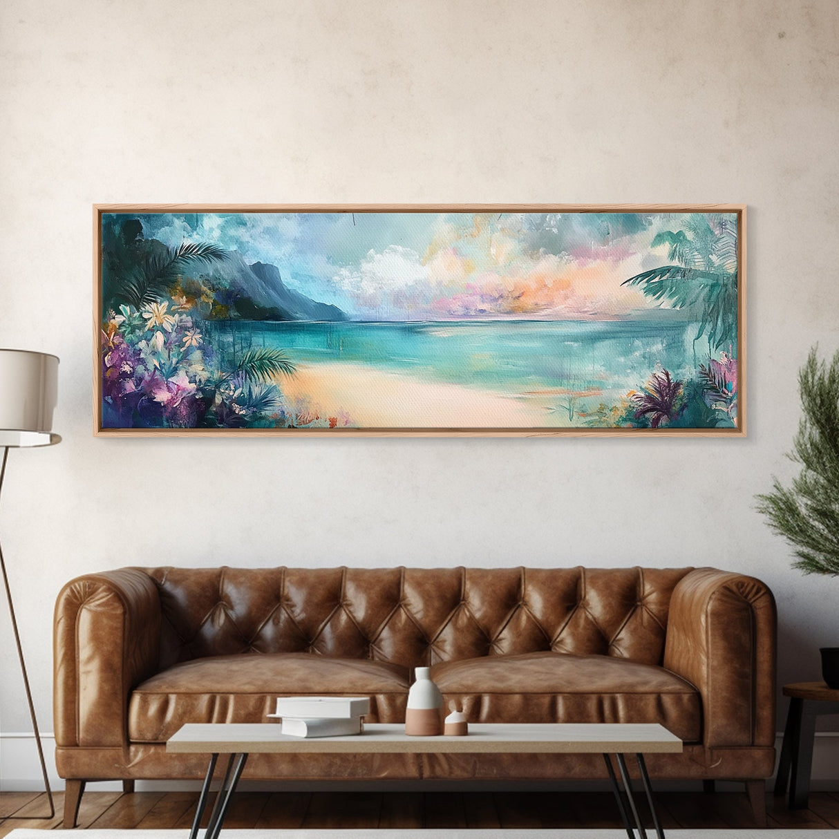 Tropical Beach Paradise Framed Canvas Print, Vibrant Ocean Wall Art, Hawaii Sunset Painting, Coastal Living Room Decor, Relaxing Art