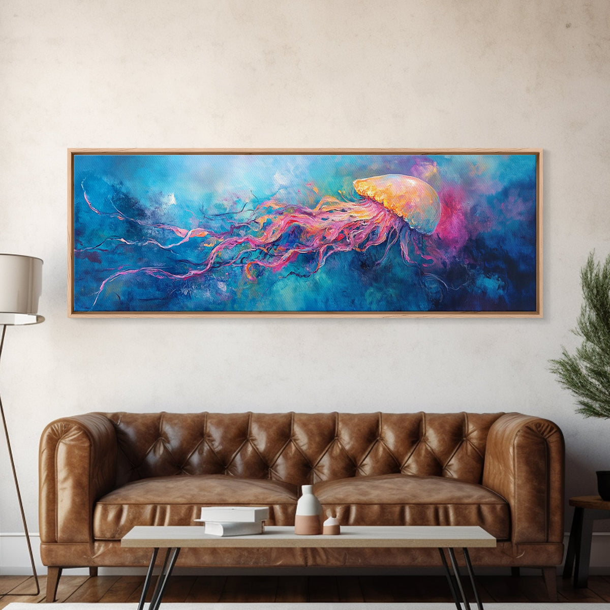 Jellyfish Underwater Fantasy Canvas Print, Vibrant Ocean Life Wall Art, Deep Sea Painting, Marine Bedroom Decor, Nature Lover Gift