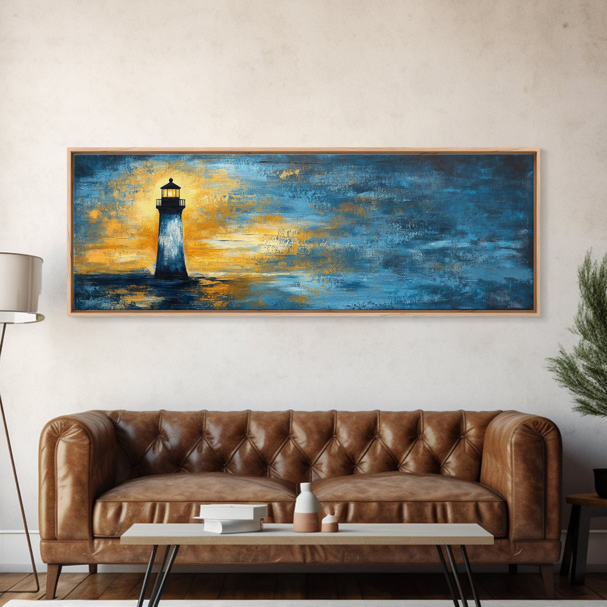 Lighthouse at Dusk Art, Nautical Coastal Painting, Moody Blue and Gold Wall Decor, Ocean Scene Artwork, Tranquil Living Room Art
