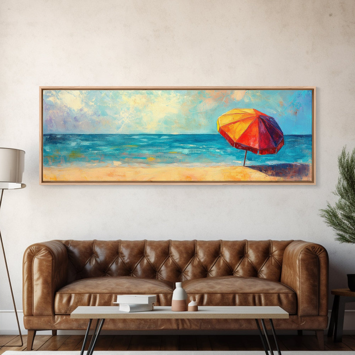 Vibrant Beach Umbrella Painting, Colorful Coastal Ocean Art, Bold Summer Seascape Decor, Bright Living Room, Canvas Print